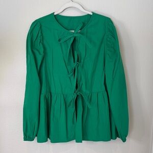 Green Tie-Front Peplum Blouse with Long Sleeves
